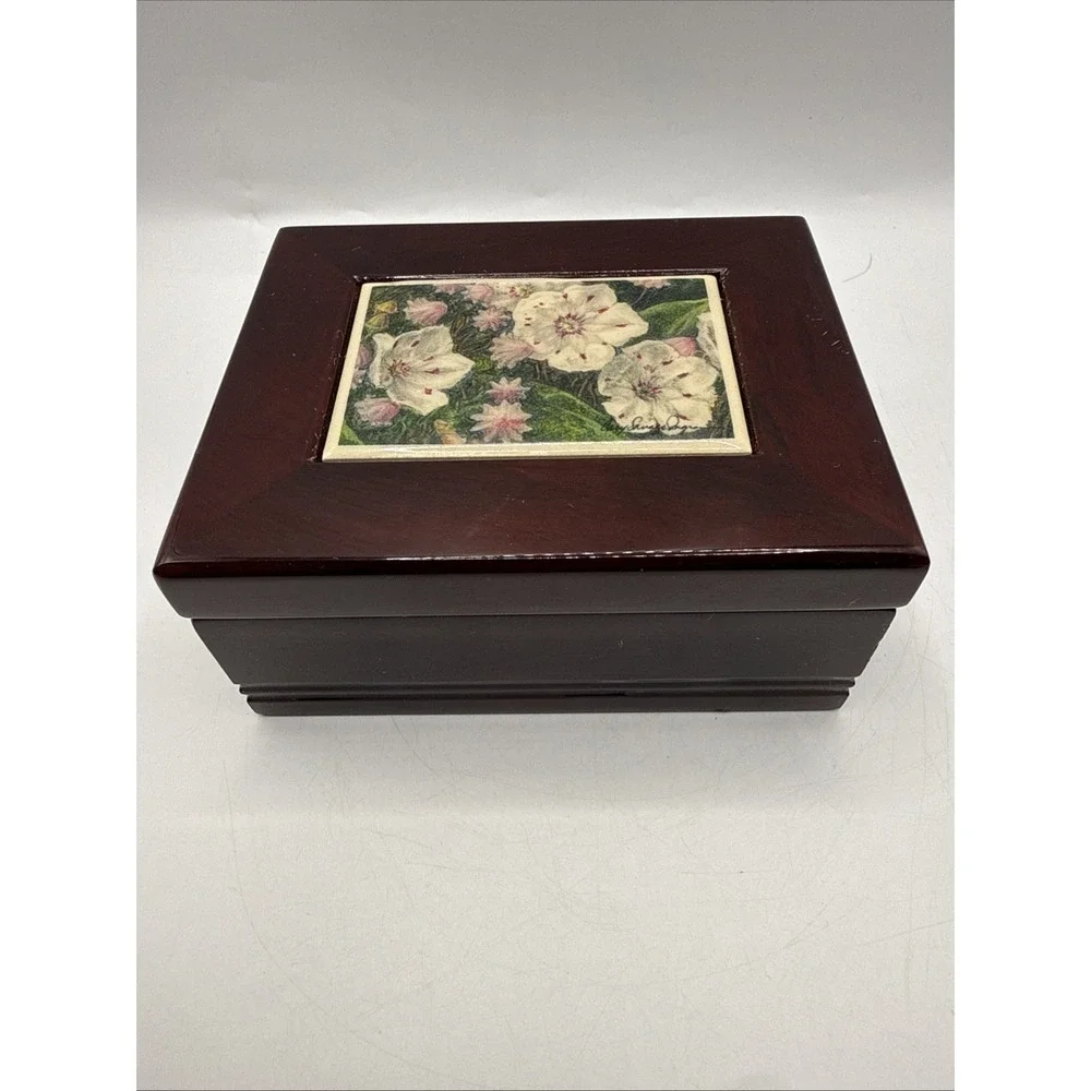Vintage‎ Wooden Jewelry Box with Floral Tile Top Water Lilly